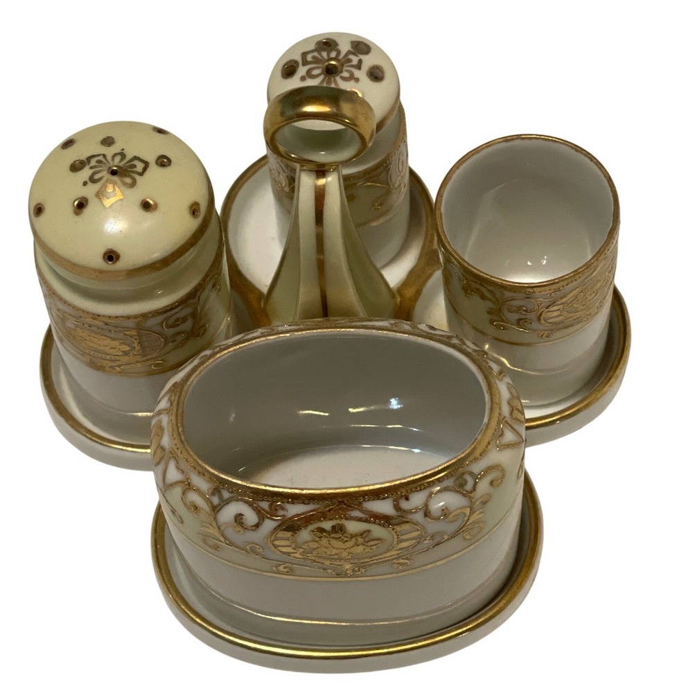 Noritake‎ Condiment Set Vintage White Gold Porcelain Hand Painted Moriage Japan
